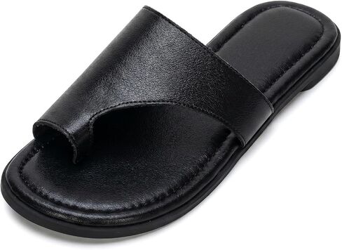 Women'S Leather Flat Ring-Toe Sandals Summer Casual Round Open Toe Lightweight Slip-On Soft Comfort Beach Slides Sandals for Outdoor Vacation Walking Poolside in Kuwait