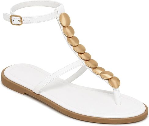 Wild Diva FLORA-01 Embelished Gold Accent T-Strap Thong Ankle Strap Flat Gladiator Sandals in Kuwait
