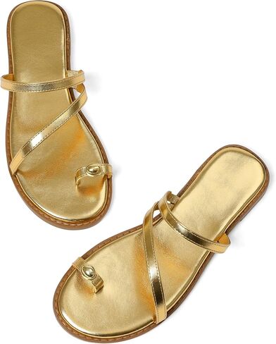 Kalstage Strappy Flat Sandals Women Slide Sandals Flat Shoes Flip Flops | Round Open Toe Ring, Slip On, Flip Flop Thong Sandals, Comfortable Summer Beach Flat Sandals-4 Colors, Casual Dressy in Kuwait