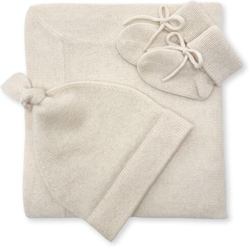Jet&Bo BABY 100% Cashmere Baby Blanket Gift Set Luxe Knit 0-6M Natural | Grade A cashmere from Inner Mongolia, blanket, top knot beanie & booties, temperature regulating, gift box & card included in Kuwait