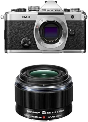 OM SYSTEM Olympus OM-3 Silver Micro Four Thirds System Travel Camera Weather Sealed 5-Axis Image Stabilization with OM SYSTEM Olympus M.Zuiko Digital 25mm F1.8 II for Micro Four Thirds Camera System in Saudi Arabia