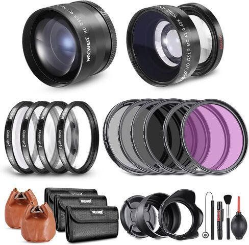 Neewer 52mm Lens and Filter Set: Wide Angle/2.2X Telephoto Additional Lens for 18mm-85mm APS-C Lens, (+1+2+4+10) Close Up Macro/ND/UV/CPL/FLD Filters for Camera Lens with ⌀52mm Thread in Kuwait