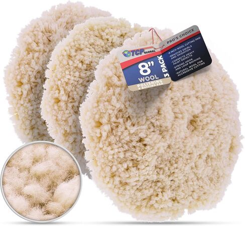 TCP Global 8" 100% Wool Polishing & Buffing Pad (3 Pack) with Hook and Loop Backing - Wool Buffing Pad for Automotive, Marine, Truck, RV & Compound Cutting in Saudi Arabia