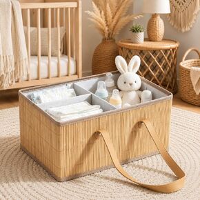 Large Wicker Baby Diaper Caddy Organizer, Bamboo Storage Basket with Removable Dividers, Wooden Nursery Bin for Portable Car, Boho Diaper Basket with Handles in Saudi Arabia