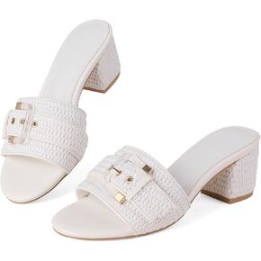 Raffia Heeled Sandals Women Block Open Toe Slip on Mules | Buckle Strap; 2.4 Inch Low Chunky Heel—4 Colors, Woven Upper for Beach, Vacation, Casual & Dressy Summer Wear in Kuwait