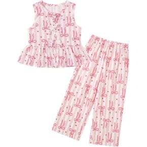 Girls Summer Clothes With Bows, Two-Piece Girl Clothes Set, 2-5 Year Matching Sleeveless Ruffle Tops Long Pants Set in Kuwait