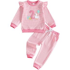 GOOCHEER Baby Girl First/Second Birthday Outfit Sweatshirt Pants Set | 1 / 2 Goose Embroidered, Ruffle Long Sleeve Pullover Top, Crewneck, Striped, Cake Smash Clothes for Girls in Kuwait