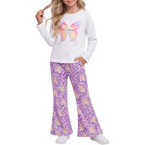 Toddler Girl Clothes, Fall Butterfly Print Flare Pants 2 Piece Casual Outfit Set in Kuwait