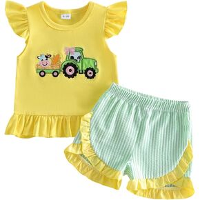 GOOCHEER Toddler Baby Girl Summer Outfit Tractor God Is Good Flying Sleeve Tank Shirt Tops Ruffle Shorts Set Farm Clothes in Kuwait