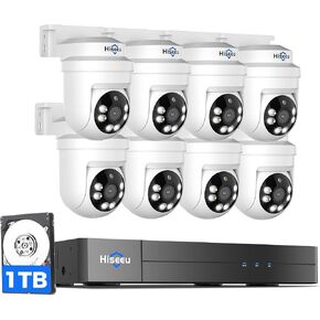 Hiseeu 3K PTZ Wired Security Camera System Outdoor with Audio | Color Night Vision,8 x 5MP IP67 CCTV Cameras,5MP DVR 8CH,1TB HDD,360°Coverage,Person/Vehicle Detection,Alarm Spotlight in Kuwait