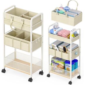2In1 Baby Diaper Caddy & 3-Tier Rolling Cart, Diaper Caddy Organizer Carts with Dividers, Mobile Metal Utility Cart for Nursery Essentials, Detachable Bedside Cart, Large Capacity, White in Saudi Arabia