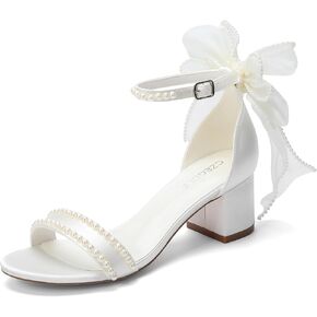 GZEGDLE White Pearl Embellished Bridal Wedding Sandals with Bow, Ankle Strap Block Heel,2.2 Inches in Kuwait