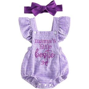 Mamas Little Bestie Baby Girl Romper Ruffle Flutter Sleeve Pink Gingham Bodysuit Bow Cute Infant Summer Outfit 0-18M in Saudi Arabia