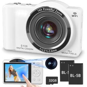 4K Digital Camera for Photography, Vlogging Cameras for YouTube with WiFi, Autofocus Touchscreen Point and Shoot Digital Camera for Beginner with 16X Zoom, 32GB Card, 2 Batteries, White in Kuwait