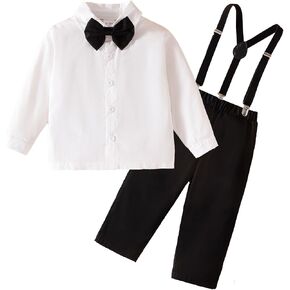 Toddler Boys Formal Suit Long Sleeve Suspender Pants | Solid Shirt, Bowtie, Little Gentleman Wedding Outfits Clothes in Kuwait