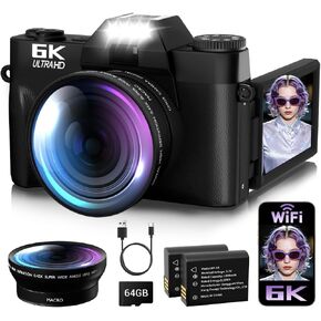 6K Digital Camera for Photography Autofocus, 2026 Upgraded 64MP WiFi Vlogging Camera for YouTube with 3" 180° Flip Screen 16X Zoom, 64GB SD Card & 2 Batteries Compact Travel Camera for Beginners Teens in Saudi Arabia