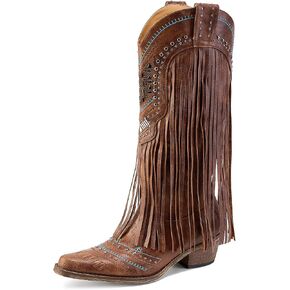 Women's Fringe Cowboy Boots Pull On Mid Calf Embroidered Chunky Heel Boot | Pull-On Style,Low Heel,Snip Toe in Kuwait