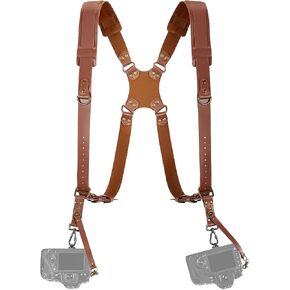 Jumyee Leather Dual Camera Harness, Brown Stitched Strap for DSLR/SLR | Adjustable Double Camera Harness Strap for wedding, Event, Wildlife & News Photography; Fits DSLR/SLR in Kuwait