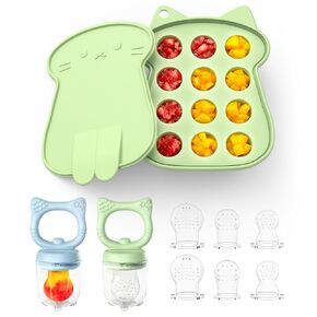 Silicone Baby Fruit Food Feeder (2 Pack) with Freezer Nibble Tray, Breastmilk Popsicle Molds for Baby Teething Relief, Silicone Feeder for Safe Infant Self Feeding, BPA Free, Dishwasher Safe, 3 Month+ in Kuwait