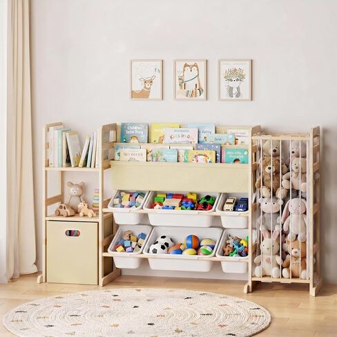 HAVLOTII Toy Storage Organizer with Bookshelf and Stuffed Animal Storage | Kids Playroom Organization with 7 Toy Bins, 4-in-1 Toddler Montessori Wood Bookcase Shelf for Baby Nursery, Bedroom in Kuwait
