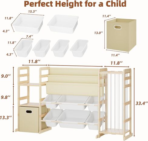 HAVLOTII Toy Storage Organizer with Bookshelf and Stuffed Animal Storage | Kids Playroom Organization with 7 Toy Bins, 4-in-1 Toddler Montessori Wood Bookcase Shelf for Baby Nursery, Bedroom in Kuwait