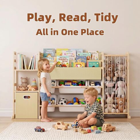 HAVLOTII Toy Storage Organizer with Bookshelf and Stuffed Animal Storage | Kids Playroom Organization with 7 Toy Bins, 4-in-1 Toddler Montessori Wood Bookcase Shelf for Baby Nursery, Bedroom in Kuwait