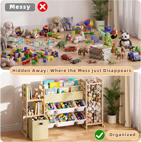 HAVLOTII Toy Storage Organizer with Bookshelf and Stuffed Animal Storage | Kids Playroom Organization with 7 Toy Bins, 4-in-1 Toddler Montessori Wood Bookcase Shelf for Baby Nursery, Bedroom in Kuwait