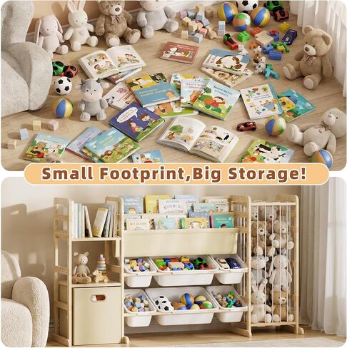 HAVLOTII Toy Storage Organizer with Bookshelf and Stuffed Animal Storage | Kids Playroom Organization with 7 Toy Bins, 4-in-1 Toddler Montessori Wood Bookcase Shelf for Baby Nursery, Bedroom in Kuwait