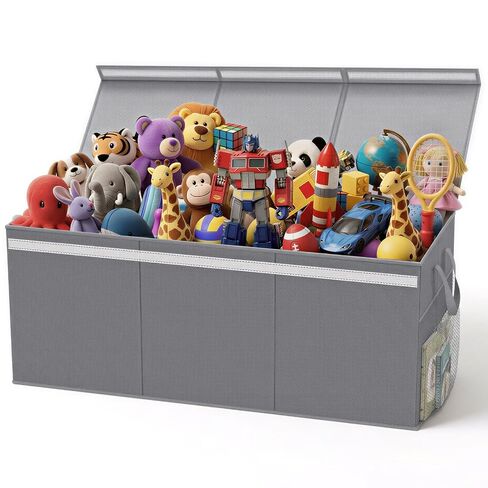 Lewondr 160L Extra Large Toy Storage Organizer with Lid,40"x16"x16" Toy Box | Sturdy Collapsible Toy Chest Storage for Boys & Girls, Toy Bins Organizer with 3 Dividers for Living Room Nursery, Grey in Kuwait