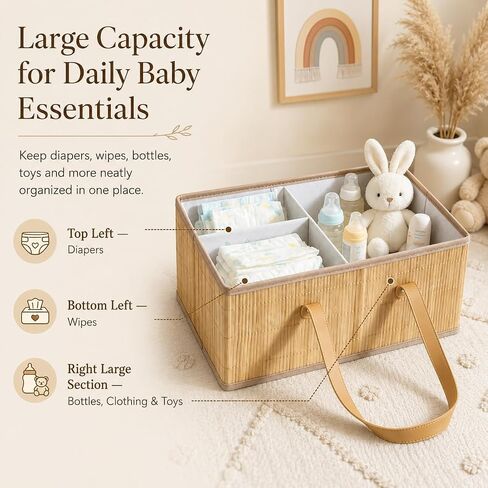 Large Wicker Baby Diaper Caddy Organizer, Bamboo Storage Basket with Removable Dividers, Wooden Nursery Bin for Portable Car, Boho Diaper Basket with Handles in Kuwait
