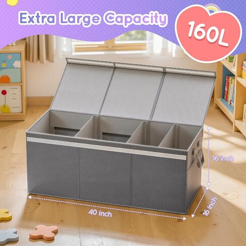 Lewondr 160L Extra Large Toy Storage Organizer with Lid,40"x16"x16" Toy Box | Sturdy Collapsible Toy Chest Storage for Boys & Girls, Toy Bins Organizer with 3 Dividers for Living Room Nursery, Grey in Kuwait