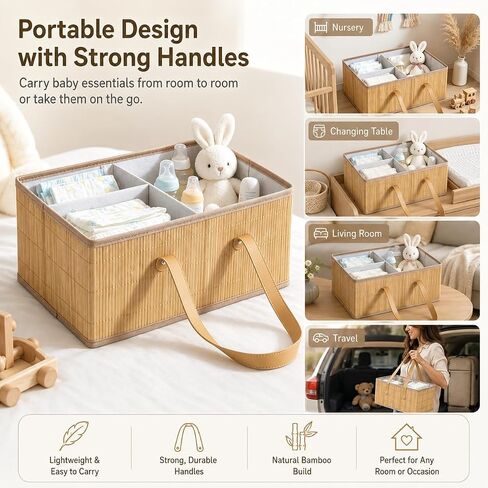 Large Wicker Baby Diaper Caddy Organizer, Bamboo Storage Basket with Removable Dividers, Wooden Nursery Bin for Portable Car, Boho Diaper Basket with Handles in Kuwait