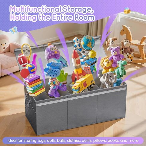 Lewondr 160L Extra Large Toy Storage Organizer with Lid,40"x16"x16" Toy Box | Sturdy Collapsible Toy Chest Storage for Boys & Girls, Toy Bins Organizer with 3 Dividers for Living Room Nursery, Grey in Kuwait