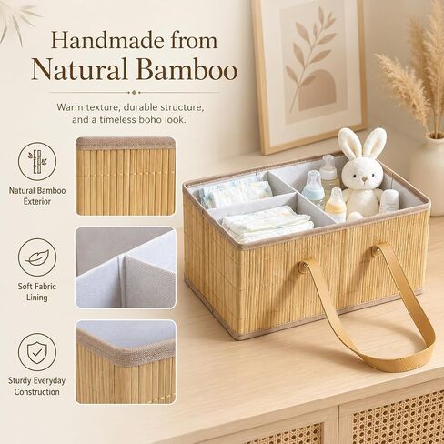 Large Wicker Baby Diaper Caddy Organizer, Bamboo Storage Basket with Removable Dividers, Wooden Nursery Bin for Portable Car, Boho Diaper Basket with Handles in Kuwait
