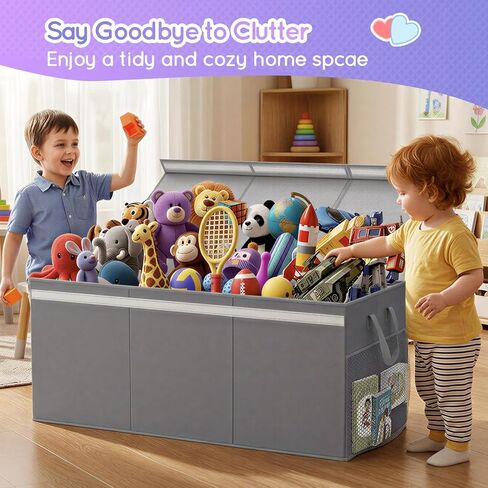 Lewondr 160L Extra Large Toy Storage Organizer with Lid,40"x16"x16" Toy Box | Sturdy Collapsible Toy Chest Storage for Boys & Girls, Toy Bins Organizer with 3 Dividers for Living Room Nursery, Grey in Kuwait