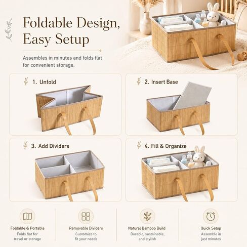 Large Wicker Baby Diaper Caddy Organizer, Bamboo Storage Basket with Removable Dividers, Wooden Nursery Bin for Portable Car, Boho Diaper Basket with Handles in Kuwait