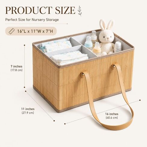 Large Wicker Baby Diaper Caddy Organizer, Bamboo Storage Basket with Removable Dividers, Wooden Nursery Bin for Portable Car, Boho Diaper Basket with Handles in Kuwait