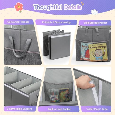 Lewondr 160L Extra Large Toy Storage Organizer with Lid,40"x16"x16" Toy Box | Sturdy Collapsible Toy Chest Storage for Boys & Girls, Toy Bins Organizer with 3 Dividers for Living Room Nursery, Grey in Kuwait