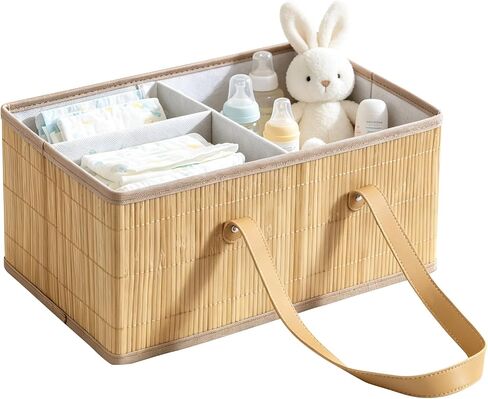 Large Wicker Baby Diaper Caddy Organizer, Bamboo Storage Basket with Removable Dividers, Wooden Nursery Bin for Portable Car, Boho Diaper Basket with Handles in Kuwait