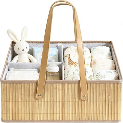 Large Wicker Baby Diaper Caddy Organizer, Bamboo Storage Basket with Removable Dividers, Wooden Nursery Bin for Portable Car, Boho Diaper Basket with Handles in Kuwait