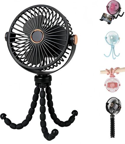 Large 6.7Inch Clip-on Stroller Fan, 5-Speed Portable Mini Fan with Flexible Tripod, 360° Rotation, USB Rechargeable Personal Fan for Baby Stroller, Camping, Office, Outdoor (Black Pink, Large) in Kuwait