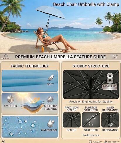 Scalable Chair Umbrella with Universal Clamp, UPF 50 Plus Sun Protection Portable Clip on Shade for Beach Chair Stroller Golf Cart Wheelchair, 360 Degree Adjustable Folding Outdoor Sports Personal Canopy in Kuwait