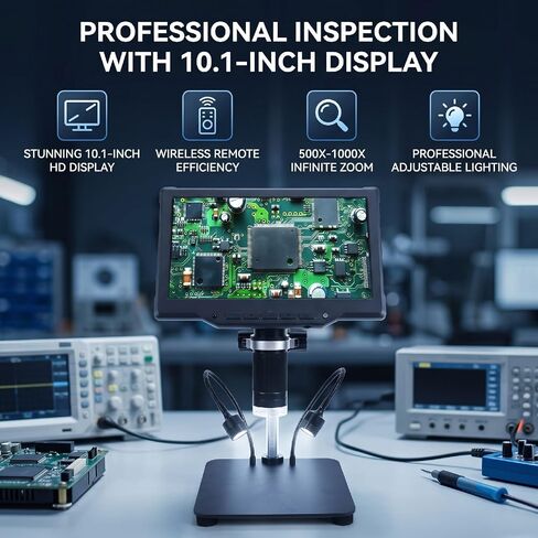 XUMIUZIY Digital Microscope with 10.1" Screen, 500-1000x Infinite Zoom | Electronic Microscope Magnifier with LED Lights, 1080P HD, 60 Rrotational Screen, PC View, Remote Control in Kuwait