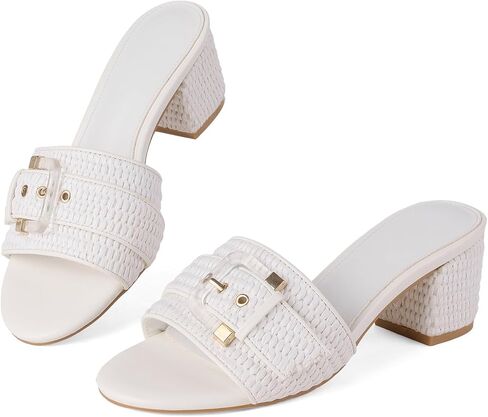Raffia Heeled Sandals Women Block Open Toe Slip on Mules | Buckle Strap; 2.4 Inch Low Chunky Heel—4 Colors, Woven Upper for Beach, Vacation, Casual & Dressy Summer Wear in Saudi Arabia