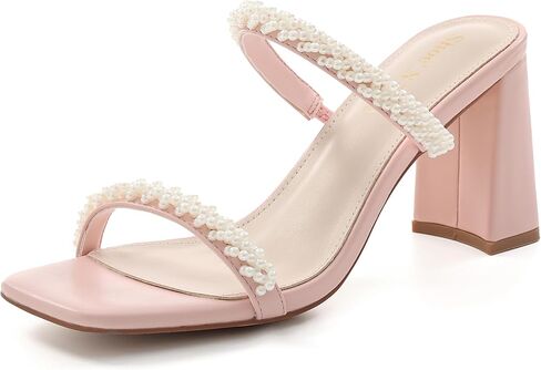 Shoe'N Tale Pearl Strappy Heels for Women Two Band Chunky Block Heeled Sandals Square Open Toe Backless Mules Slip On Pumps Dressy Shoes in Kuwait
