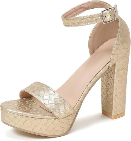 Women's Woven One Strap Platform Block Heel Sandals Single Band Square Open Toe 4.72IN Chunky High Heels Comfort Padded Insole Dress Sandals for Wedding Guest Cocktail Prom Evening Club Party in Kuwait