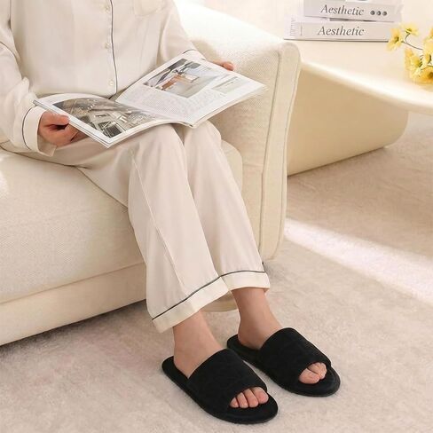 Women Velvet Open Toe Slides, Memory Foam Non-Slip TPR House Wear,Black,7 in Kuwait
