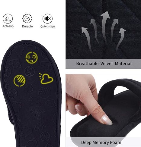 Women Velvet Open Toe Slides, Memory Foam Non-Slip TPR House Wear,Black,7 in Kuwait