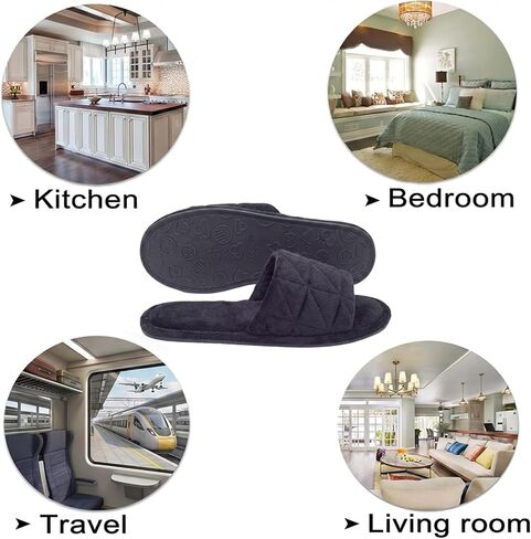 Women Velvet Open Toe Slides, Memory Foam Non-Slip TPR House Wear,Black,7 in Kuwait