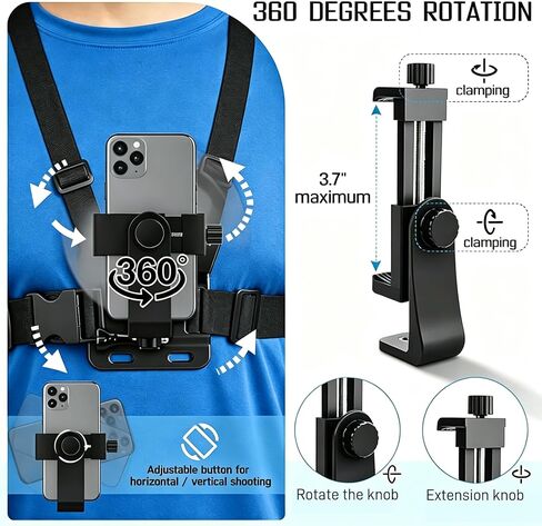 Mobile Phone Chest Mount Harness Strap Holder Cell Phone Clip for Recording VLOG/POV, Accessories Kit Compatible for Most Action Camera and Cellphones in Kuwait